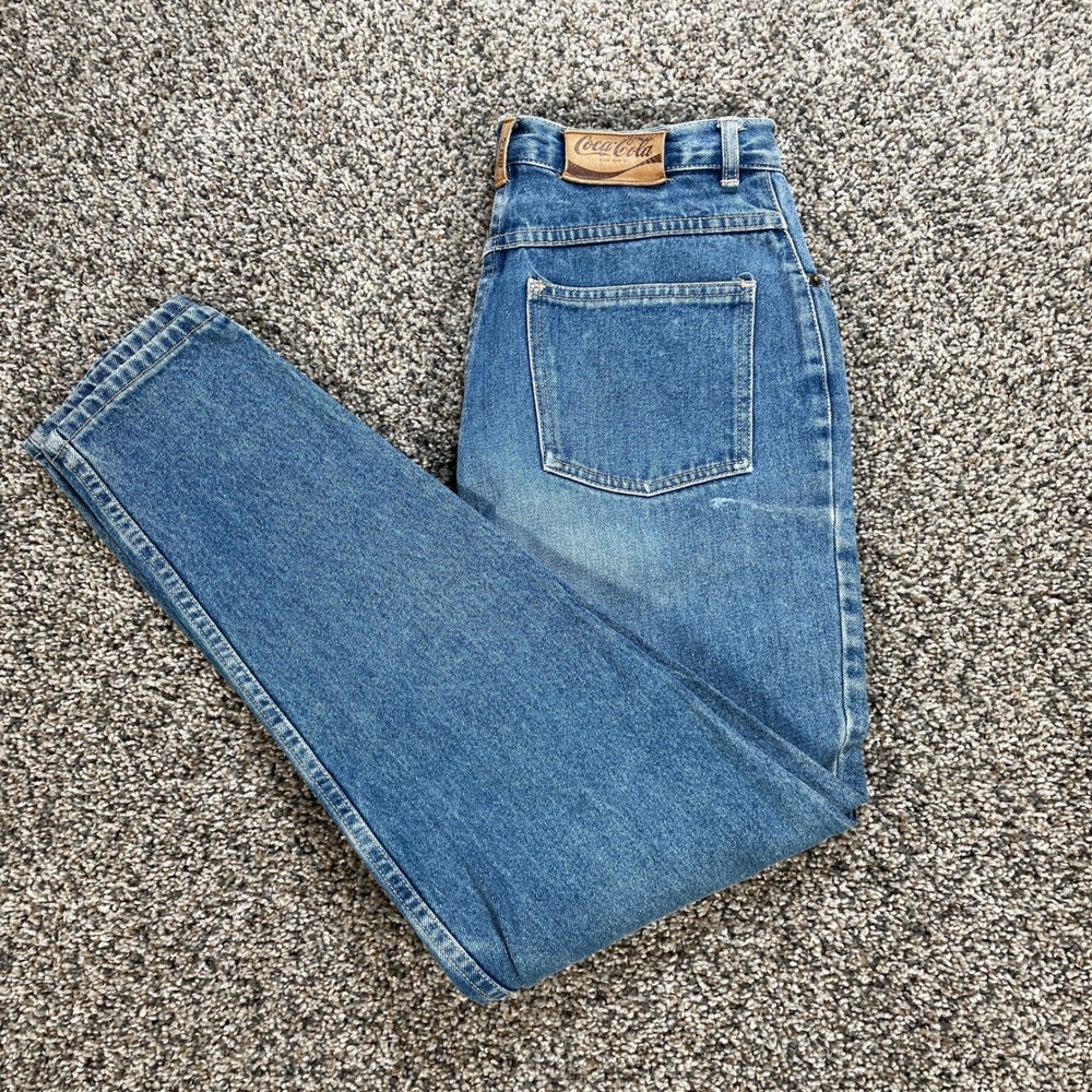Vintage Coca Cola Women's 28x29 High Waisted Mom Jeans Tapered Leg Blue Denim